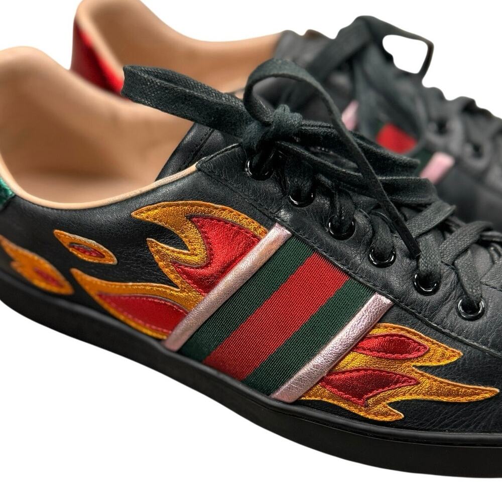 Men's GUCCI Ace Flame Black Leather Low Top Flame Lace-Up Sneakers Sz. 9 440724